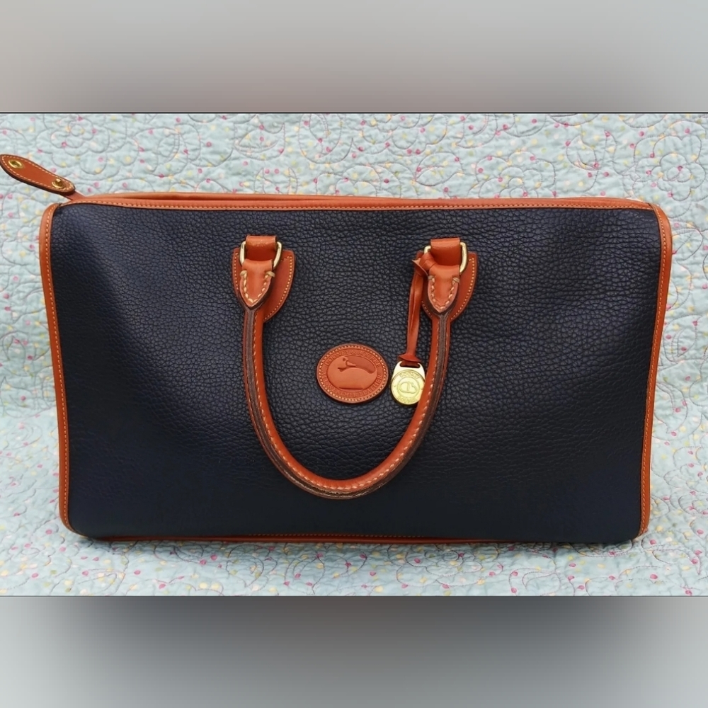 Vintage Dooney and Bourke All Weather Leather Tote or Briefcase Tan and Navy
